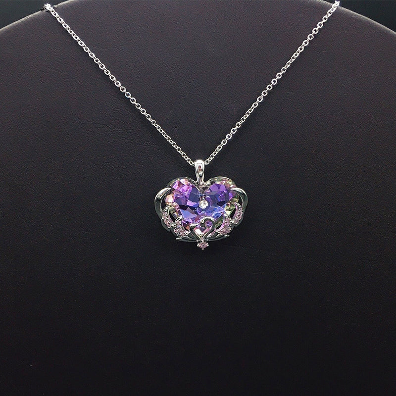 Glamorous Purple Crystal Heart Pendant Necklace for Evening Events