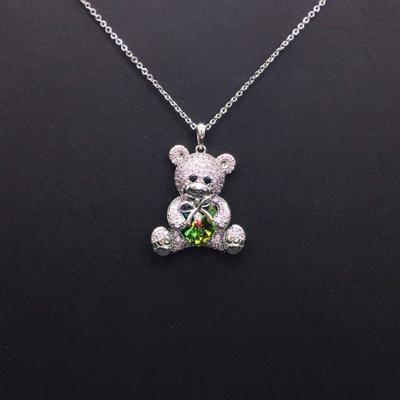 Charming Silver Teddy Bear Necklace with Pink Crystals and Iridescent Blue Heart for Daily Sweet Elegance