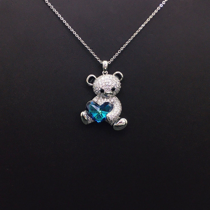 Charming Silver Teddy Bear Necklace with Pink Crystals and Iridescent Blue Heart for Daily Sweet Elegance