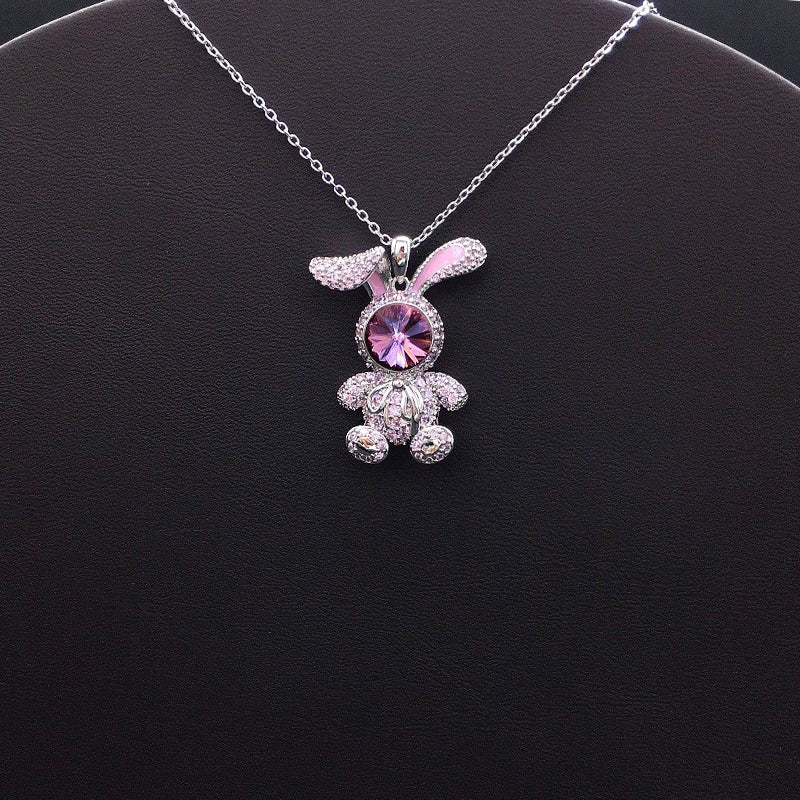 Elegant Silver Bunny Pendant with Pink Accents and Blue Crystal Face for Casual Playful Style