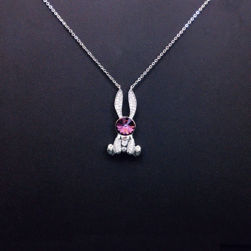 Cute Bunny Blue Crystal Necklace with Sparkling Rhinestones for Daily Chic