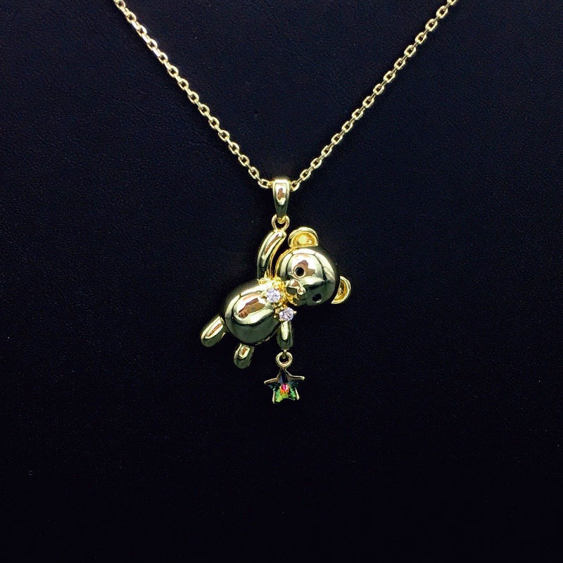Cute Gold Teddy Bear Necklace with Blue Crystal Star for Daily Chic