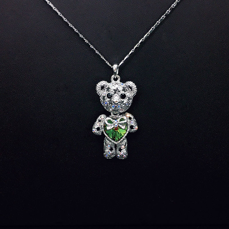 Charming Silver - Plated Teddy Bear Necklace with Blue Crystal Heart for Daily Wear