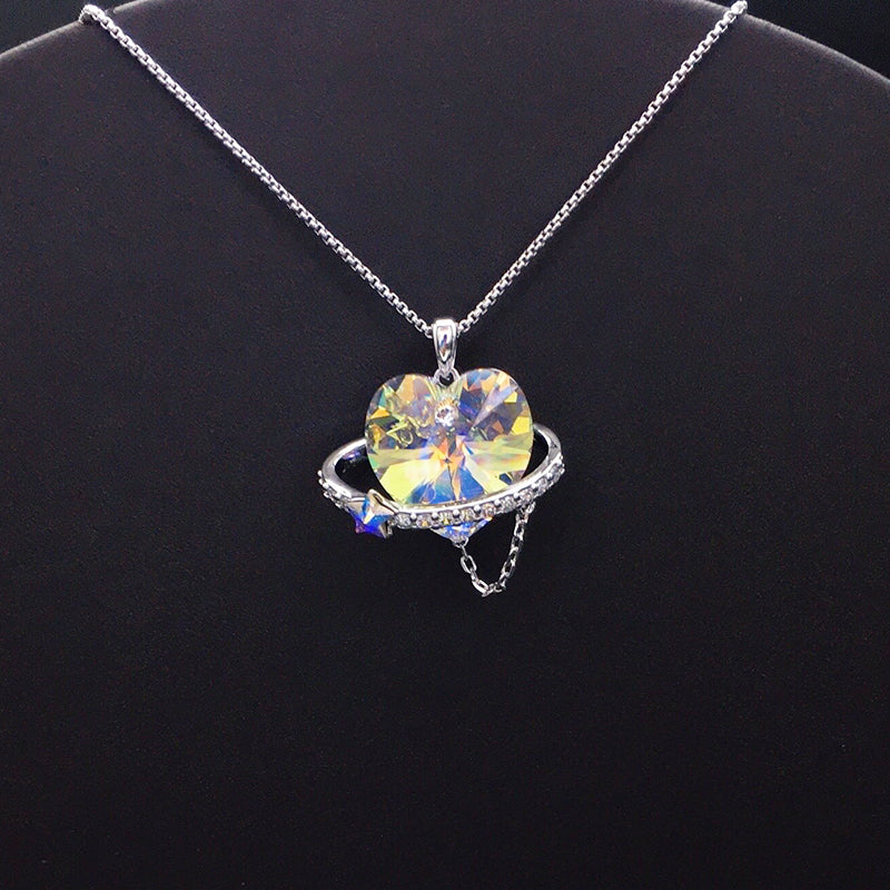 Elegant Silver Heart - shaped Planet Necklace with Purple Crystal for Formal Galas