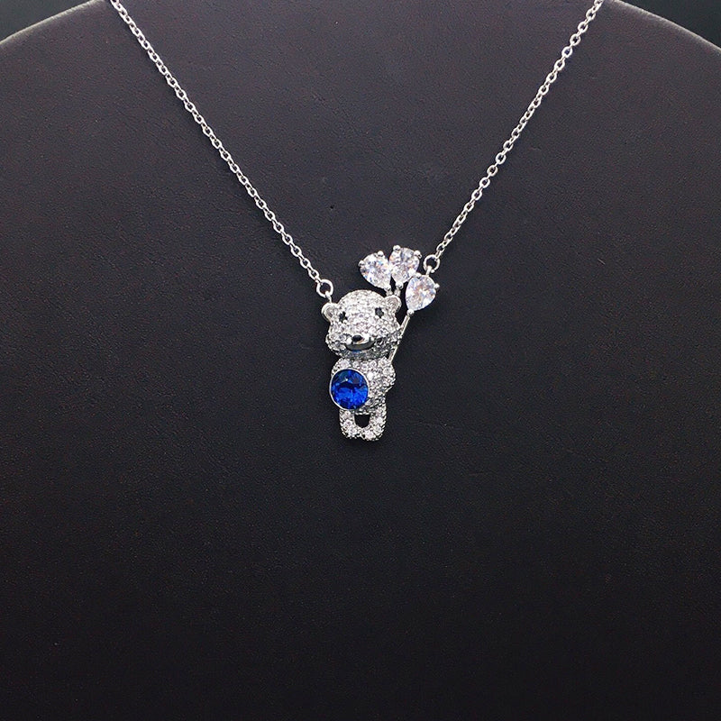 Trendy Teddy Bear Necklace with Blue Crystal and Balloons for Fashion - lovers