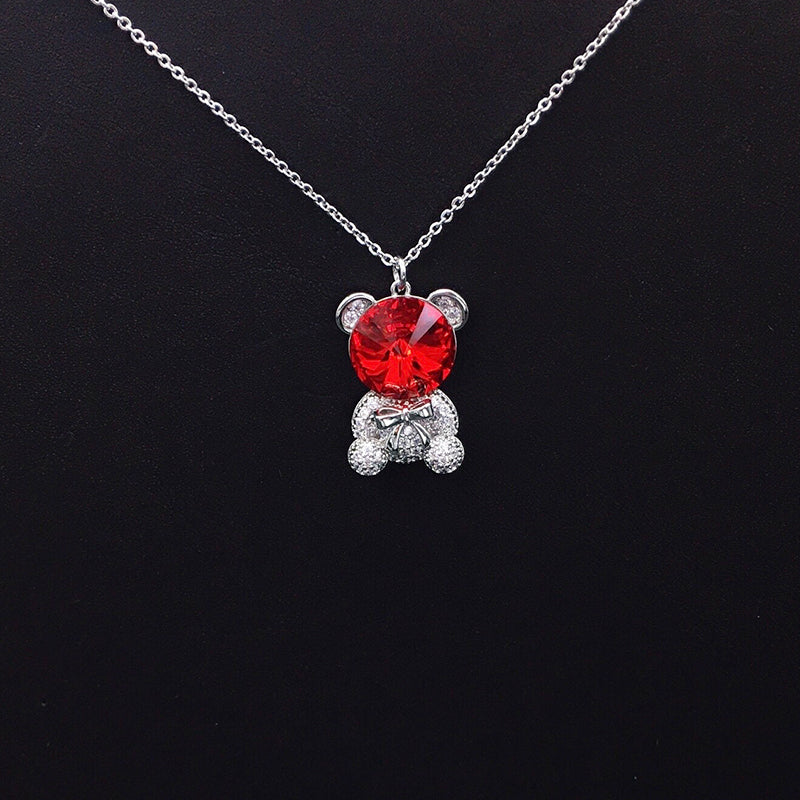 Trendy Teddy Bear Necklace with Blue Crystal and Bow for Fashion - lovers