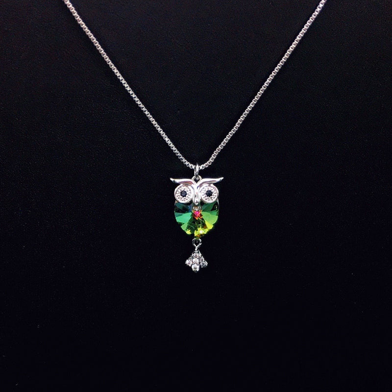 Elegant Silver Owl Necklace with Green Crystal for Formal Events