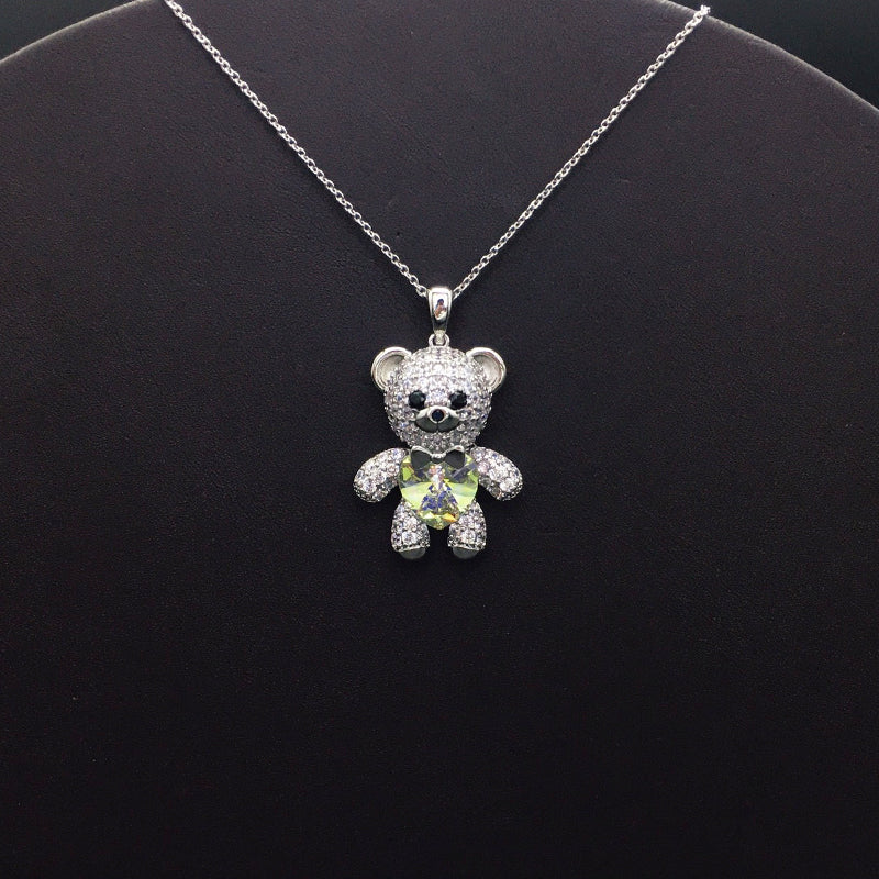 Elegant Silver Teddy Bear Pendant with Purple Heart Crystal for Casual Chic