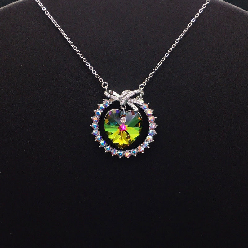 Elegant Silver Necklace with Multicolored Heart Crystal and Bow for Formal Galas