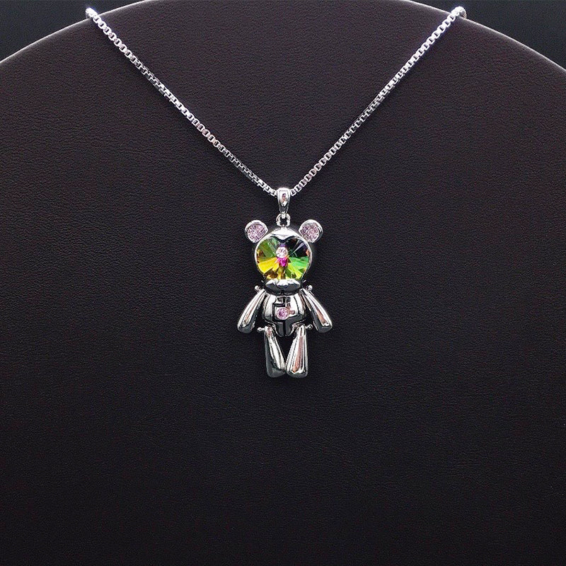 Edgy Silver Teddy Bear Necklace with Blue Crystal Face for Daily Street Style