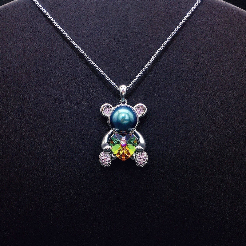 Elegant Silver Teddy Bear Pendant with Blue Heart Crystal for Casual Sweet Style