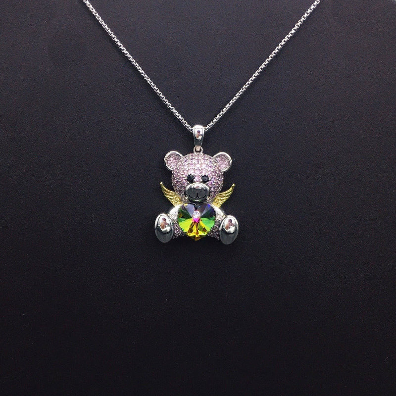 Enchanting Silver Teddy Bear Necklace with Pink Crystals, Golden Wings and Blue Heart for Fairy - tale Events