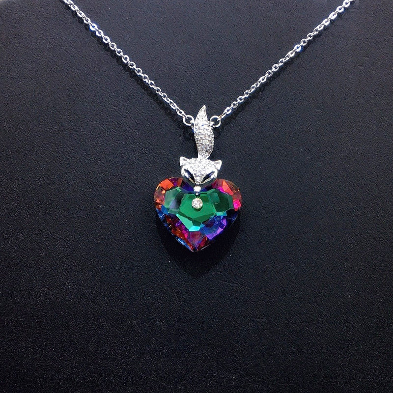 Elegant Silver Fox - Heart Necklace with Deep Blue Crystal for Formal Galas