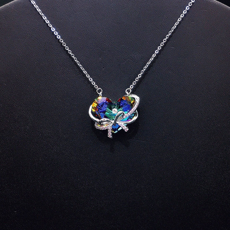 Glamorous Iridescent Crystal Heart Pendant Necklace with Bow for Evening Events