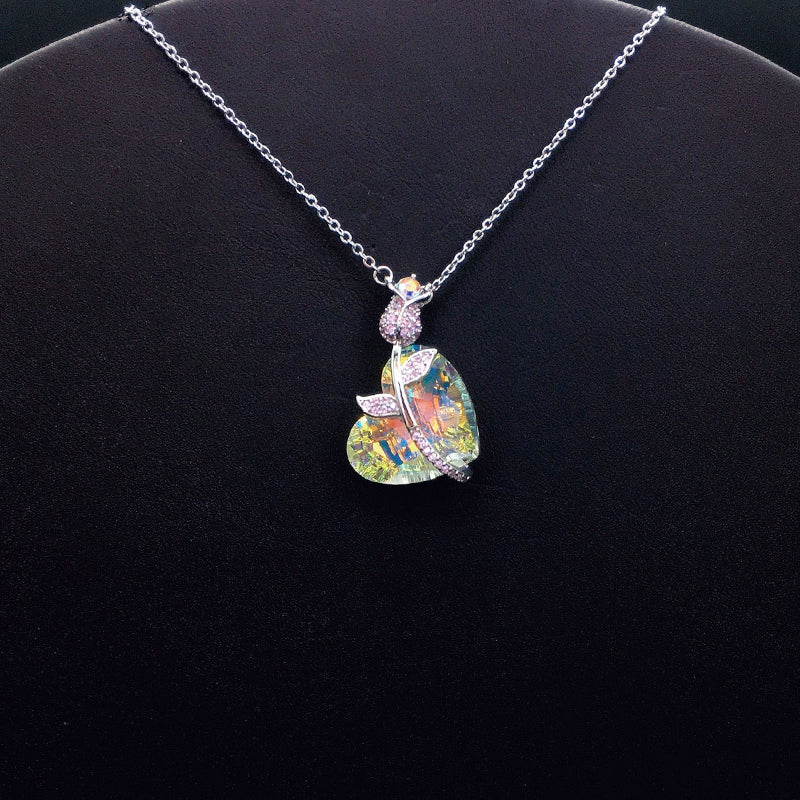 Glamorous Iridescent Crystal Heart Pendant Necklace with Pink Rose for Evening Events