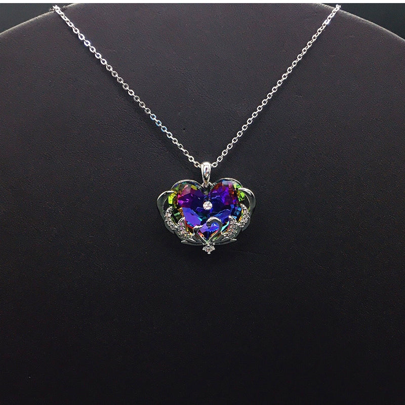 Glamorous Purple Crystal Heart Pendant Necklace for Evening Events