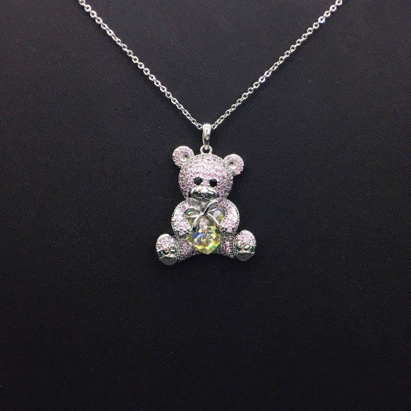 Charming Silver Teddy Bear Necklace with Pink Crystals and Iridescent Blue Heart for Daily Sweet Elegance