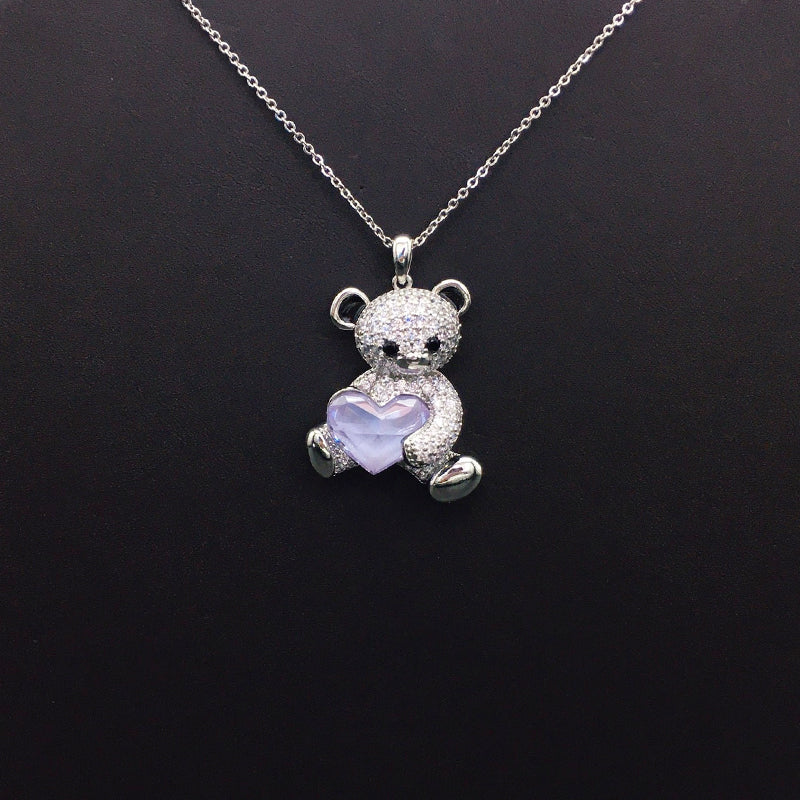 Charming Silver Teddy Bear Necklace with Pink Crystals and Iridescent Blue Heart for Daily Sweet Elegance