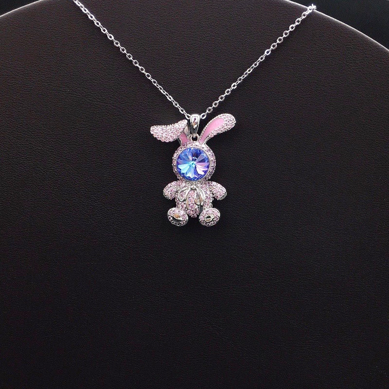 Elegant Silver Bunny Pendant with Pink Accents and Blue Crystal Face for Casual Playful Style