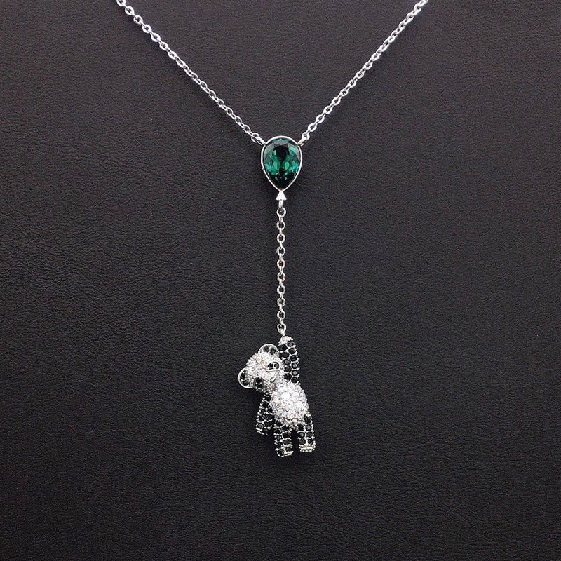 Sparkling Teddy Bear Blue Teardrop Crystal Lariat Necklace for Cute Daily Style