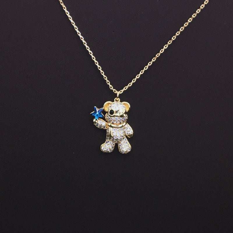 Sparkling Teddy Bear Necklace with Blue Crystal Star for Cute Daily Wear