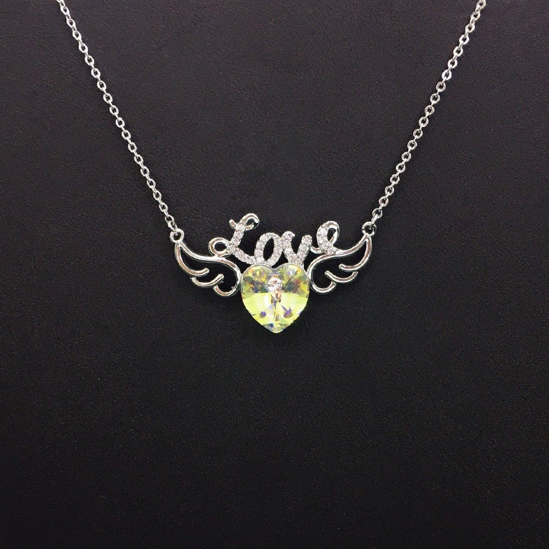 Sparkling Love Heart Wing Blue Crystal Necklace for Romantic Dates