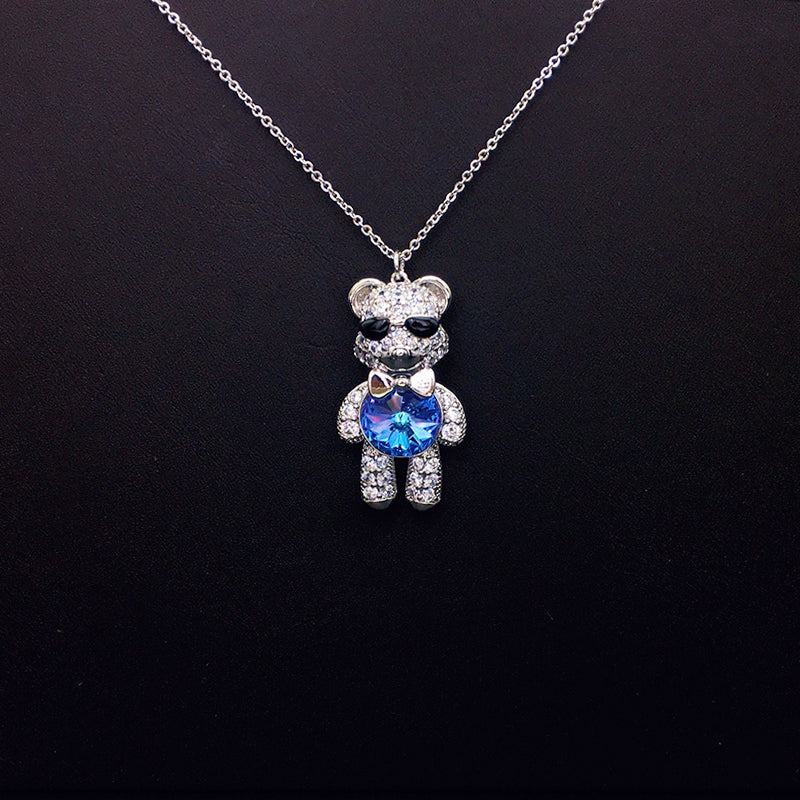 Stylish Sunglasses Teddy Bear Necklace with Rhinestones & Iridescent Crystal as a Gift