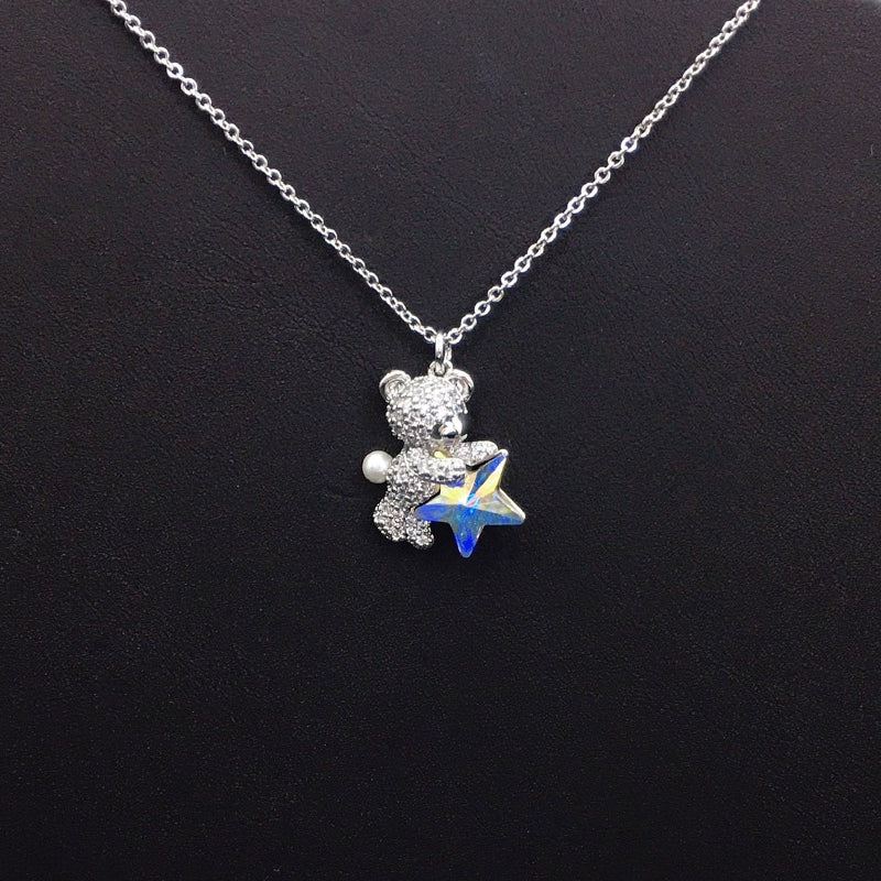 Sweet Gold Teddy Bear Necklace with Blue Star Crystal & Pearl – A Thoughtful Gift Idea