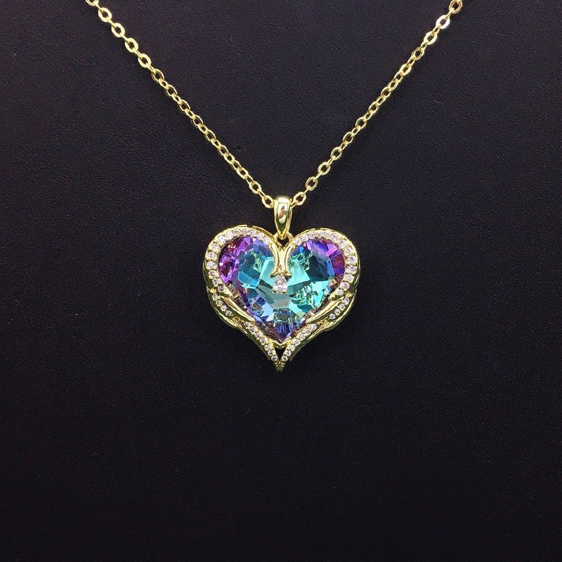 Sparkling Gold Angel Wings Heart Necklace with Iridescent Crystal for Romantic Dates