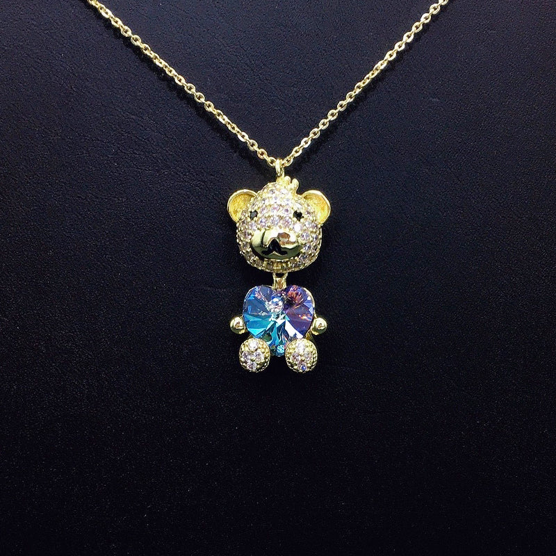 Glamorous Gold - Plated Teddy Bear Necklace with Crystal Heart for Party Wear