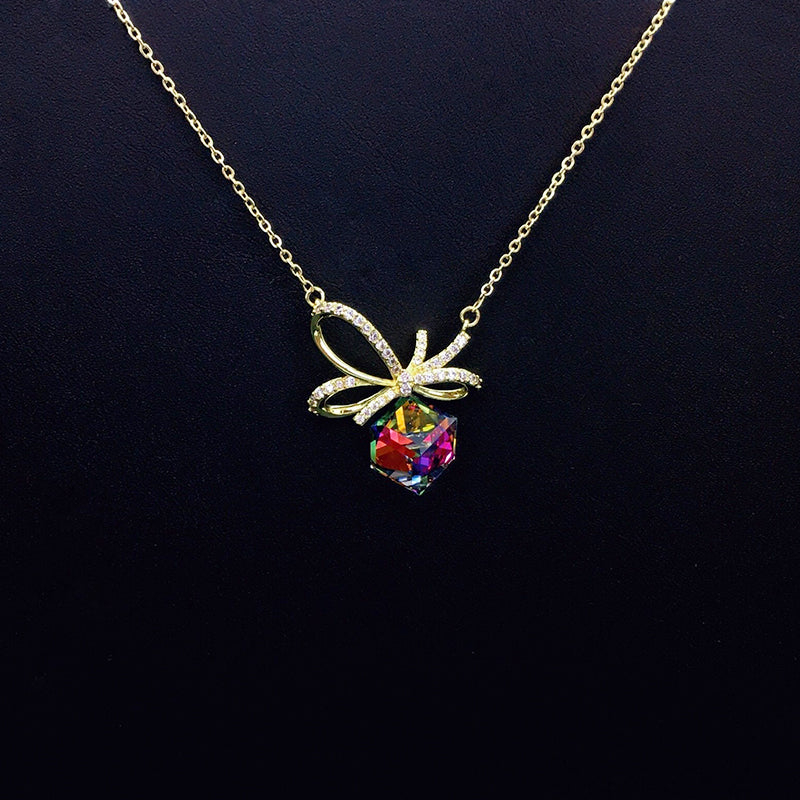 Chic Gold Necklace with Blue Crystal Bow for Daily Sophistication