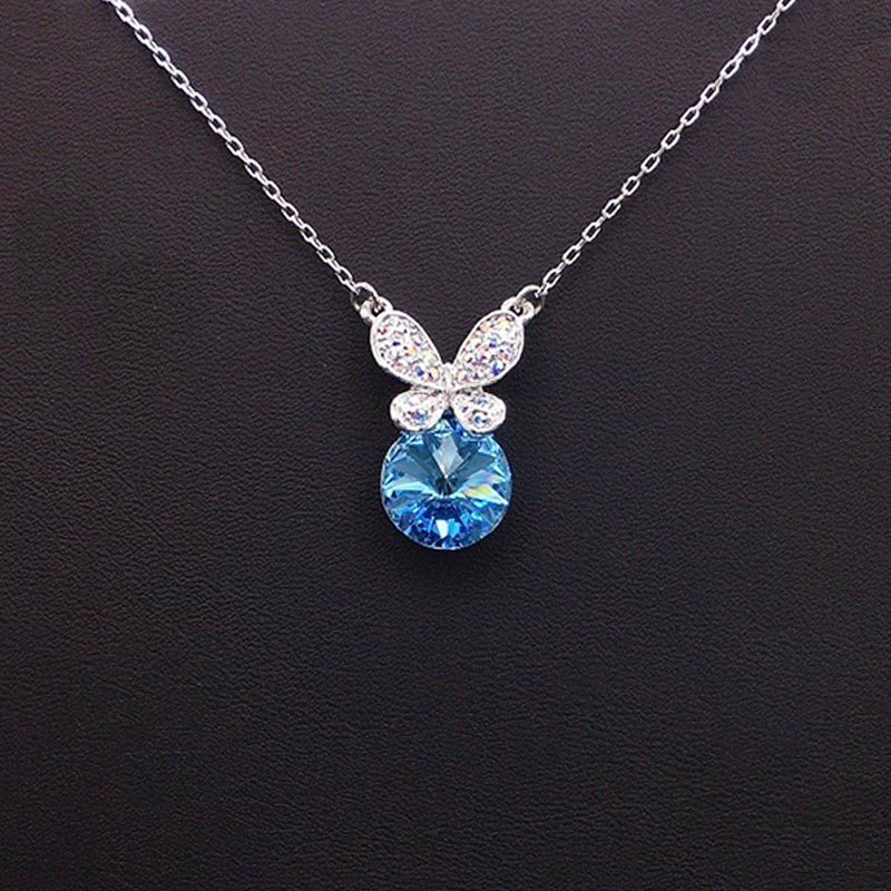Glamorous Butterfly Pendant Necklace with Blue Gem for Evening Galas