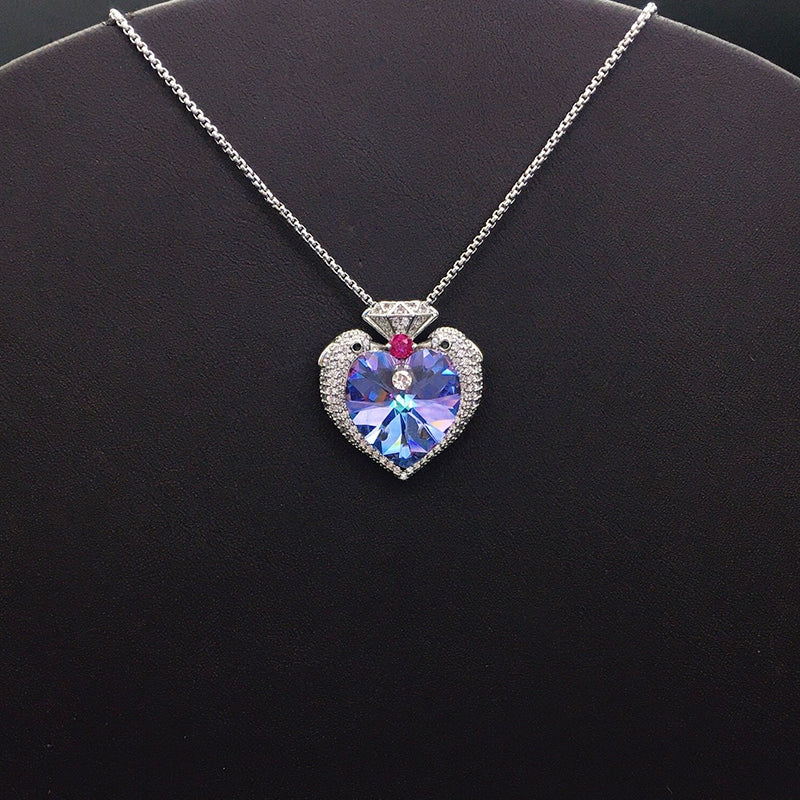 Elegant Silver Heart - shaped Necklace with Blue Crystal for Formal Events