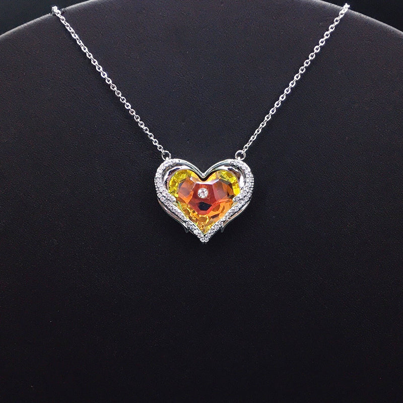 Glamorous Orange - Yellow Crystal Heart Pendant Necklace for Evening Events