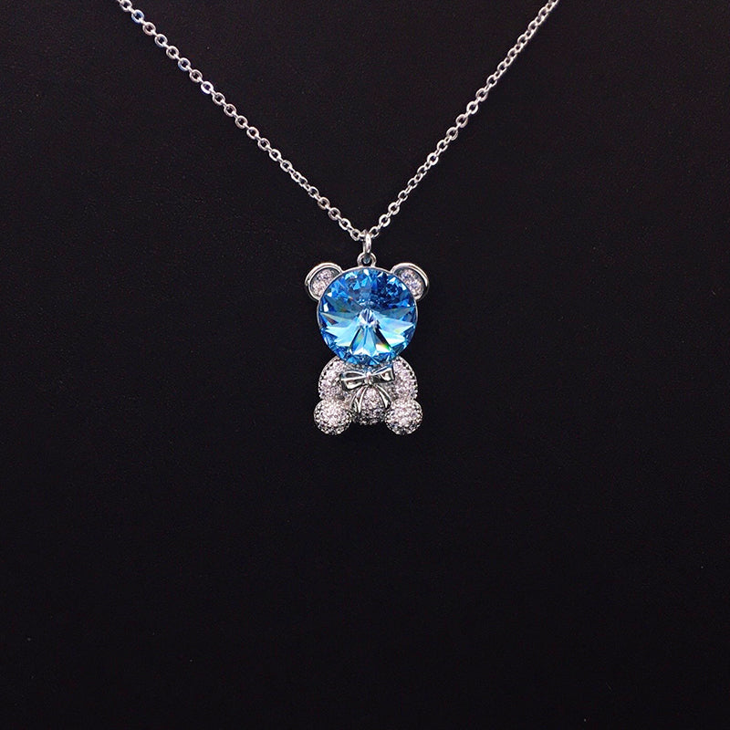 Trendy Teddy Bear Necklace with Blue Crystal and Bow for Fashion - lovers