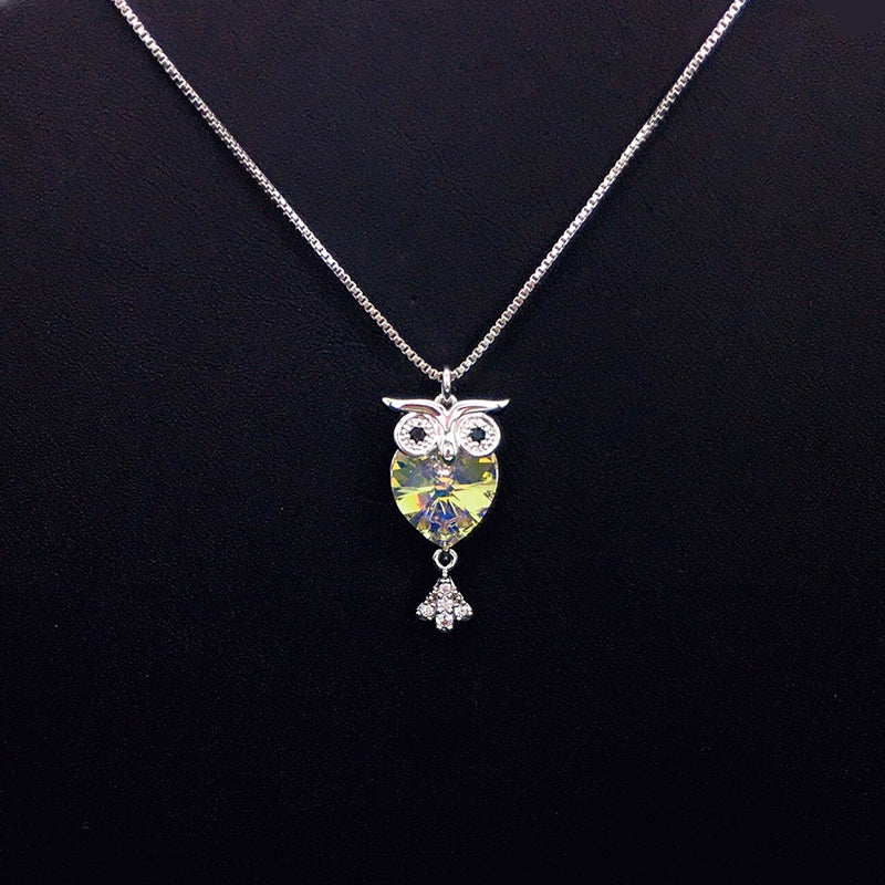 Elegant Silver Owl Necklace with Green Crystal for Formal Events