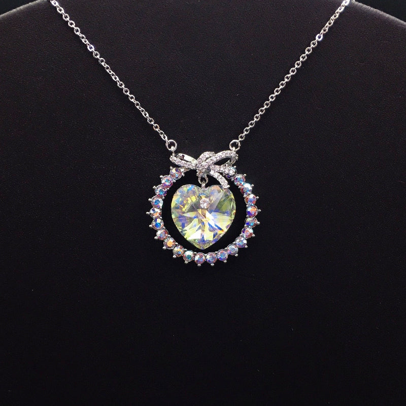 Elegant Silver Necklace with Multicolored Heart Crystal and Bow for Formal Galas
