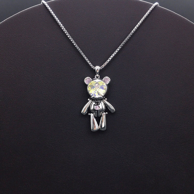 Edgy Silver Teddy Bear Necklace with Blue Crystal Face for Daily Street Style