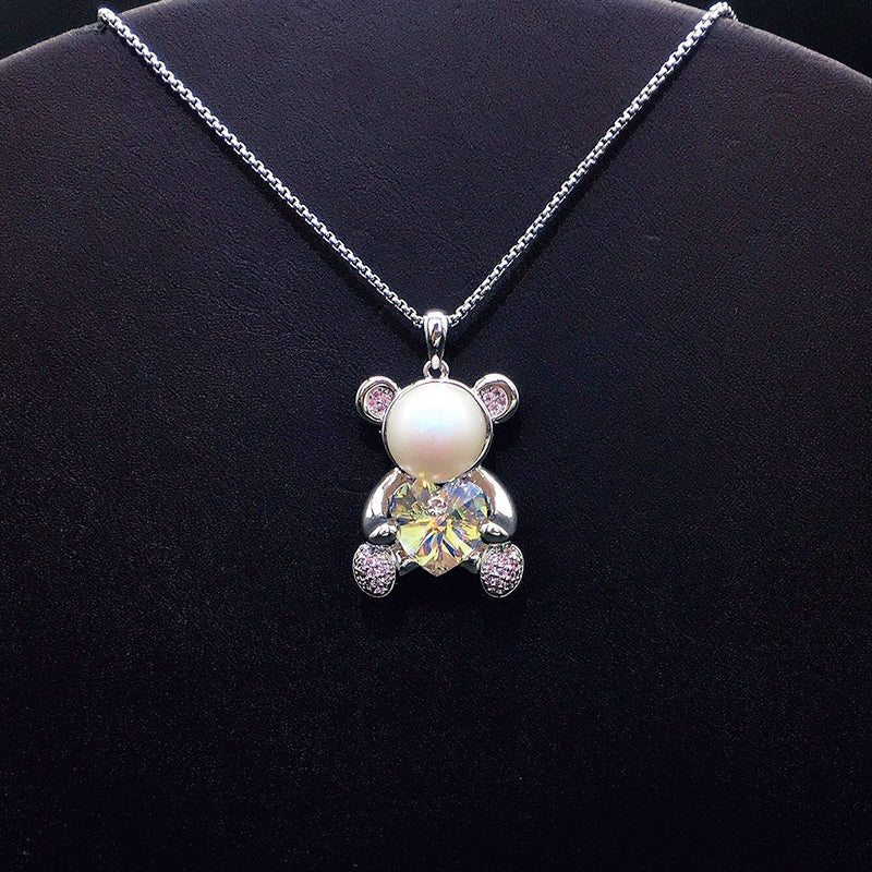 Elegant Silver Teddy Bear Pendant with Blue Heart Crystal for Casual Sweet Style