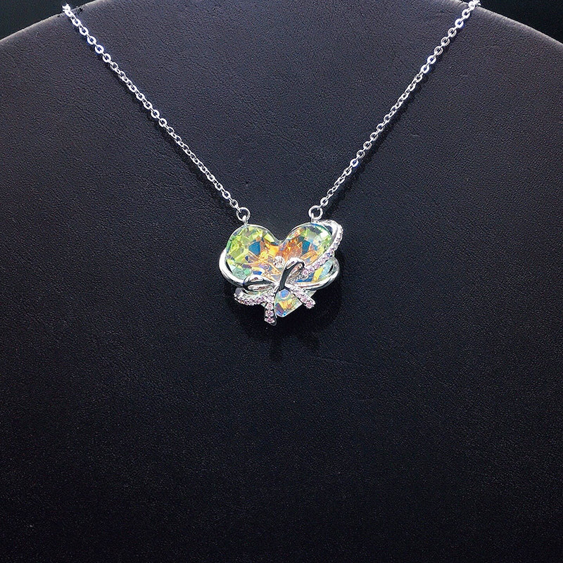 Glamorous Iridescent Crystal Heart Pendant Necklace with Bow for Evening Events