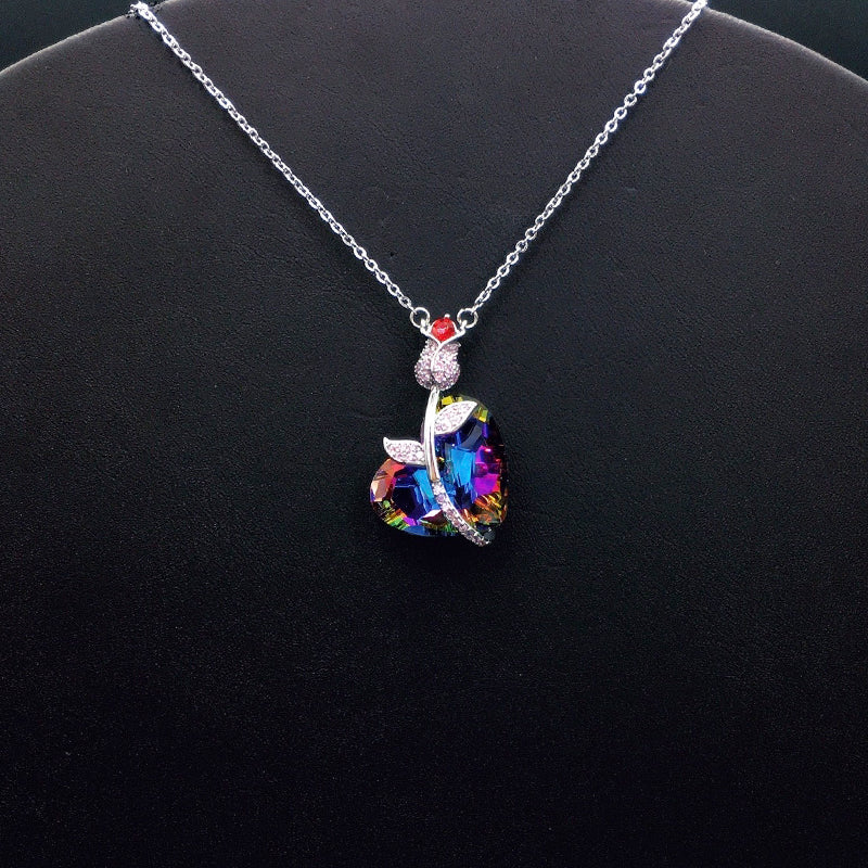 Glamorous Iridescent Crystal Heart Pendant Necklace with Pink Rose for Evening Events