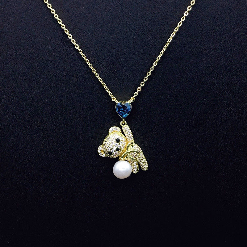 Sparkling Teddy Bear Necklace with Blue Heart Crystal & Pearl for Romantic Dates