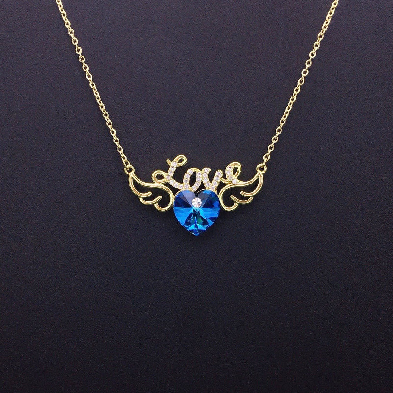 Sparkling Love Heart Wing Blue Crystal Necklace for Romantic Dates