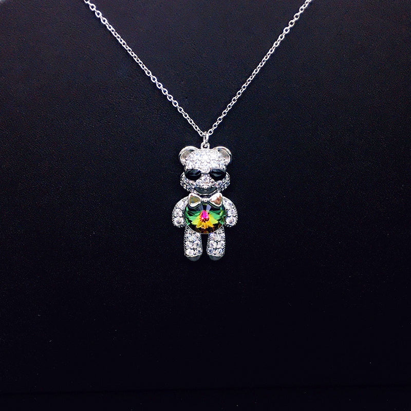 Stylish Sunglasses Teddy Bear Necklace with Rhinestones & Iridescent Crystal as a Gift