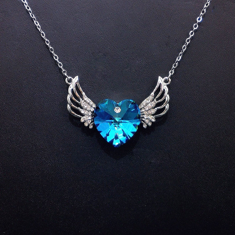 Sparkling Gold Angel Wings Heart Necklace with Iridescent Crystal for Romantic Dates
