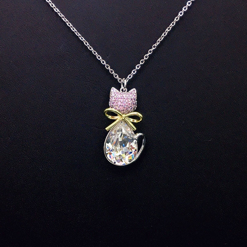 Elegant Silver Cat - shaped Pendant Necklace with Blue Crystal for Formal Events
