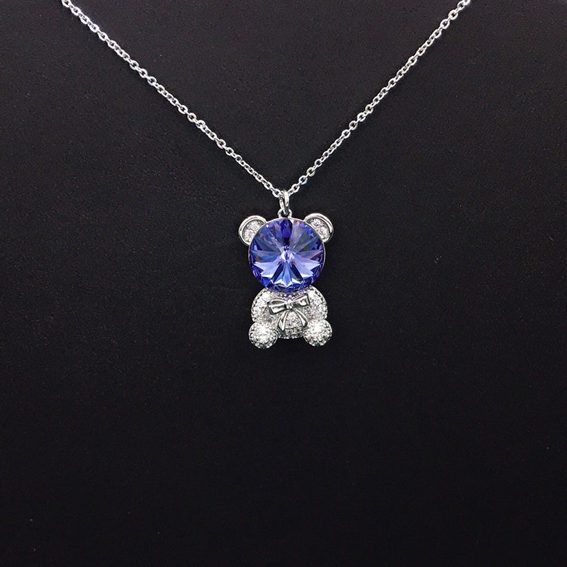 Trendy Teddy Bear Necklace with Blue Crystal and Bow for Fashion - lovers