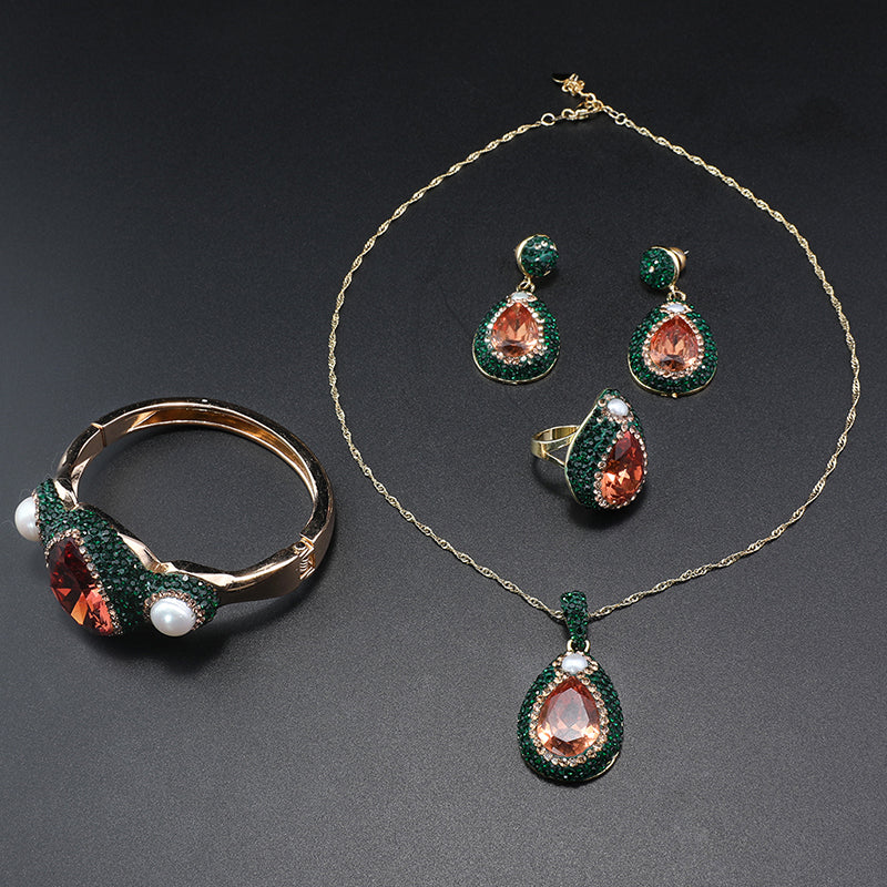 Elegant Gold Jewelry Set with Green and Orange Gemstones for Formal Galas