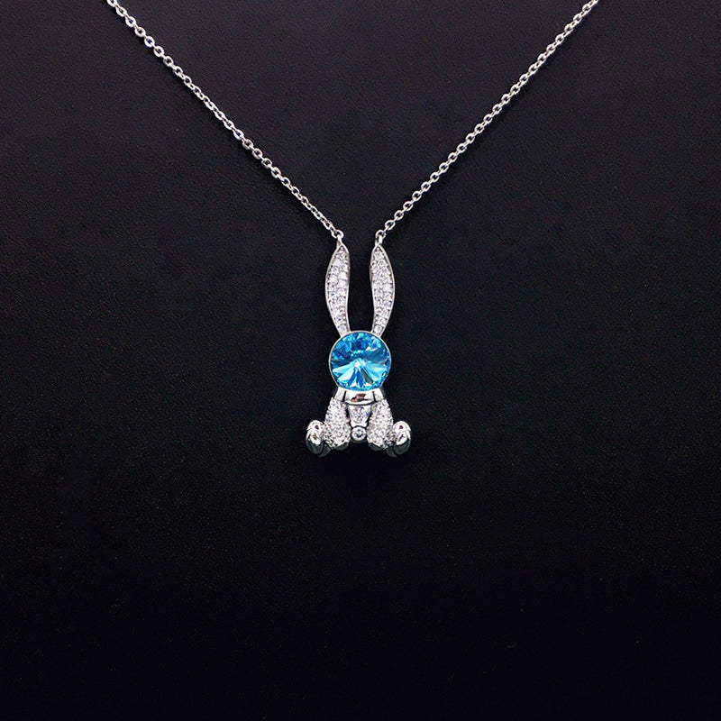 Cute Bunny Blue Crystal Necklace with Sparkling Rhinestones for Daily Chic