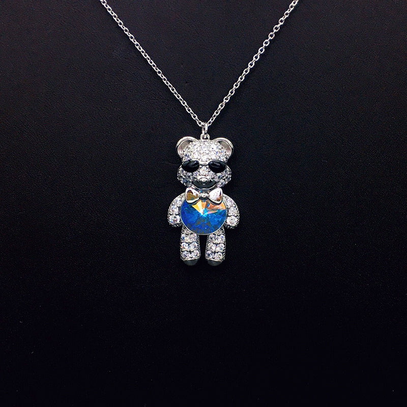 Stylish Sunglasses Teddy Bear Necklace with Rhinestones & Iridescent Crystal as a Gift